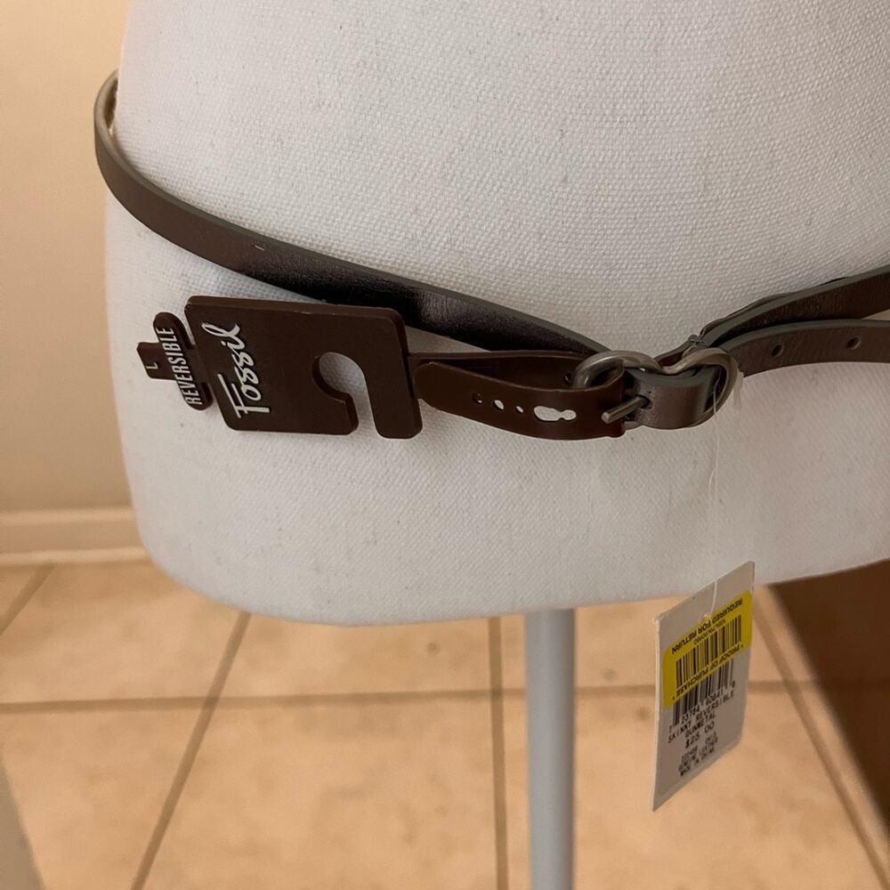 Fossil leather reversible skinny belt gunmetal silver and gold size lg